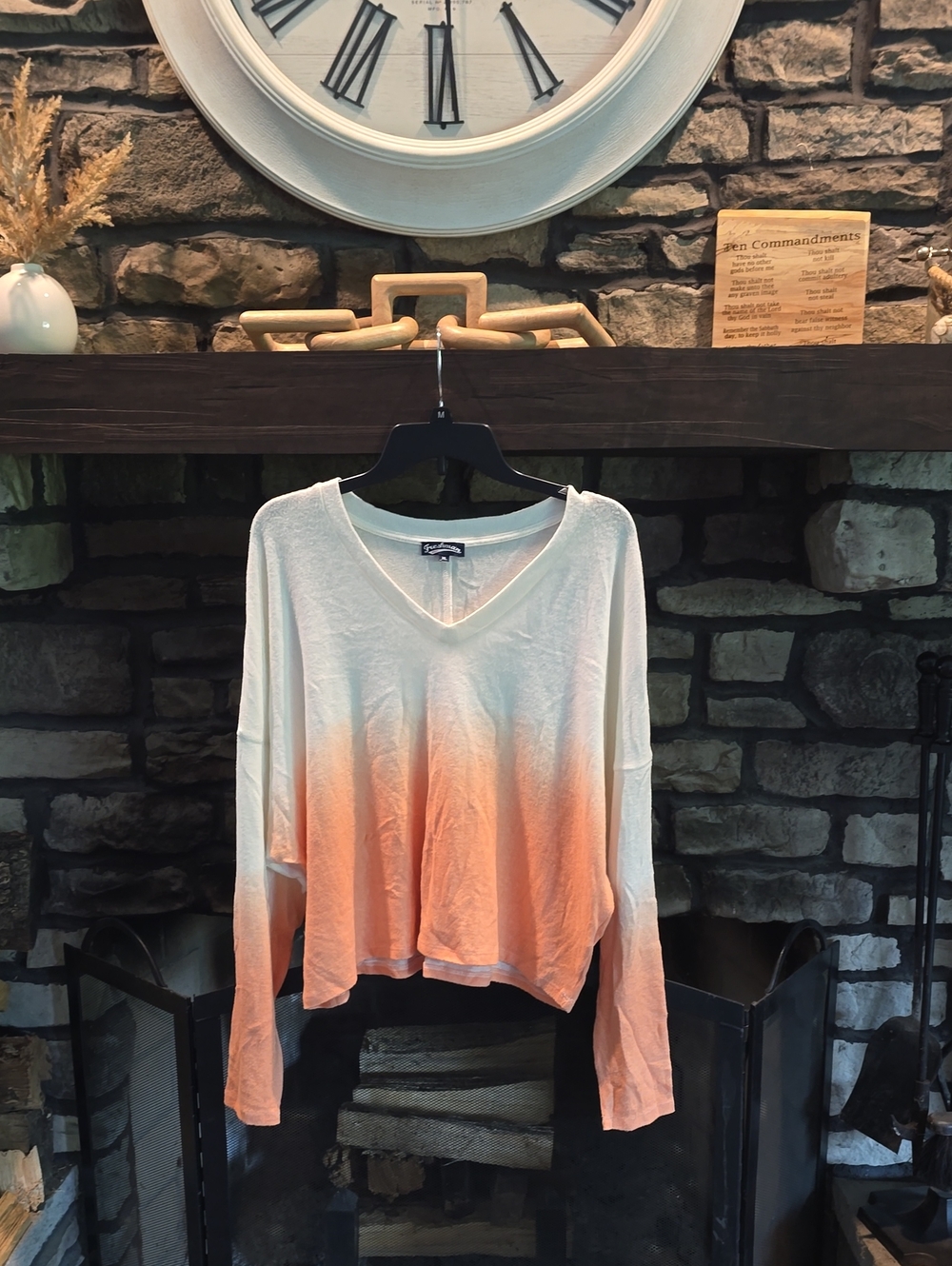Freshman White to Peach Ombré V-Neck Long Sleeve Top